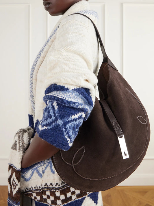 Image of Bags. Product name - Polo Id Embroidered Leather-trimmed Suede Shoulder Bag in Brown colour by brand - Polo Ralph Lauren