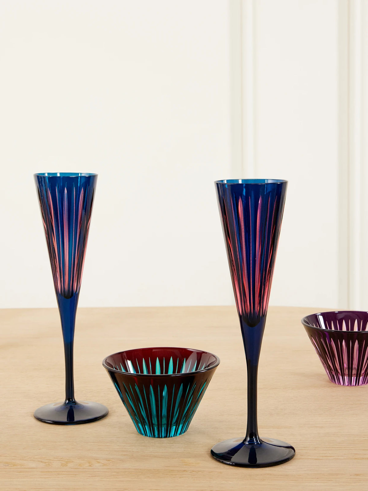 Image of Tableware. Product name - Prism Set Of Four Glass Champagne Flutes in Blue colour by brand - L'Objet