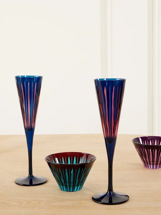Image of Tableware. Product name - Prism Set Of Four Glass Champagne Flutes in Blue colour by brand - L'Objet
