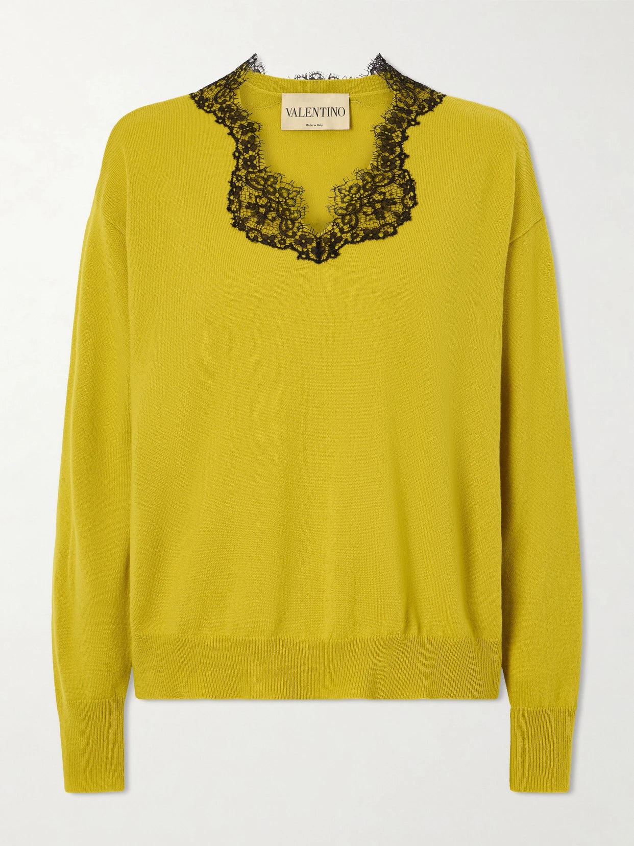 Image of a model wearing Outerwear. Product name - Lace-trimmed Cashmere Sweater in Yellow colour by brand - Valentino Garavani