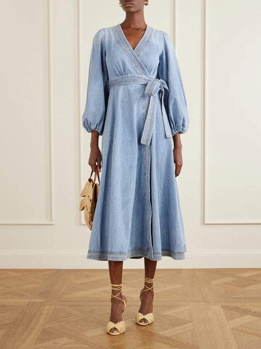 Image of Dresses. Product name - Indra Denim Midi Dress in Blue colour by brand - Zimmermann