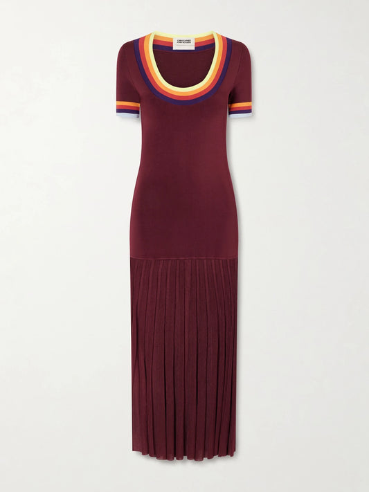Image of Dresses. Product name - Pleated Ribbed Maxi Dress in Burgundy colour by brand - Christopher John Rogers