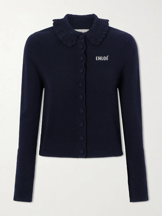 Logo Embroidered Wool Cardigan