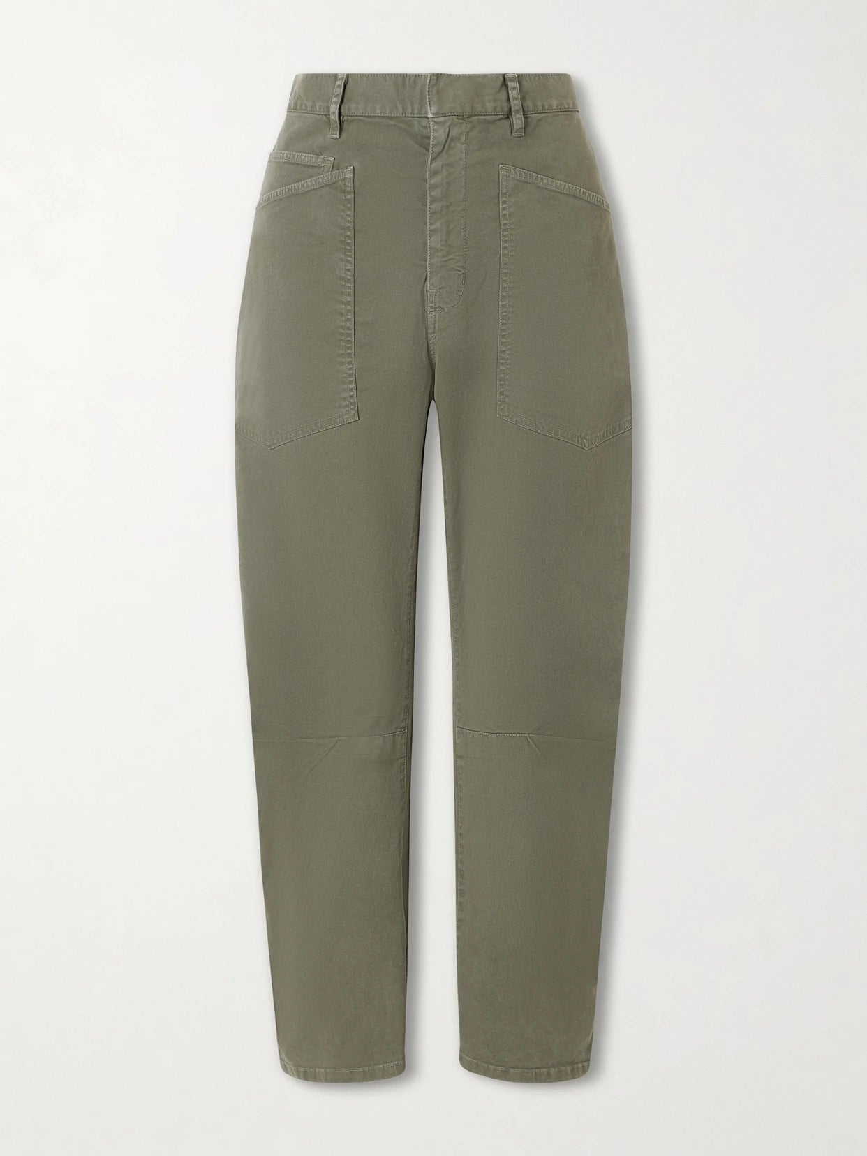 Image of a model wearing Pants. Product name - Shon Cotton-blend Twill Tapered Pants in Army green colour by brand - Nili Lotan