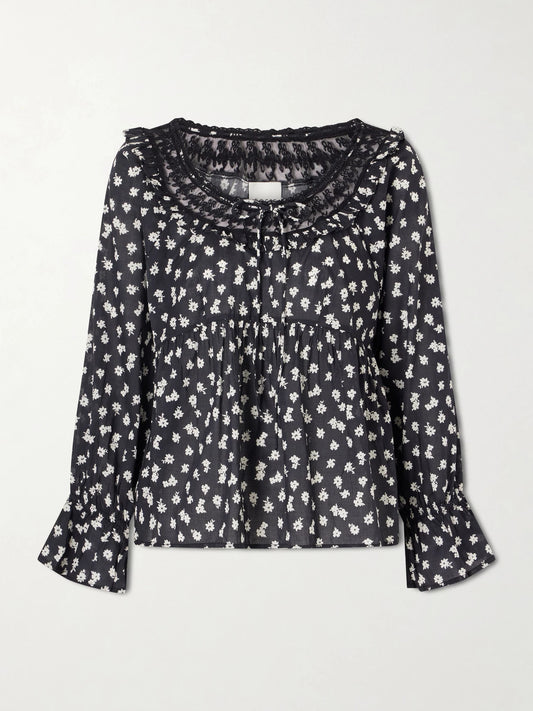 Image of Blouses. Product name - Danielle Floral-print Cotton-voile Blouse in Black colour by brand - Posse