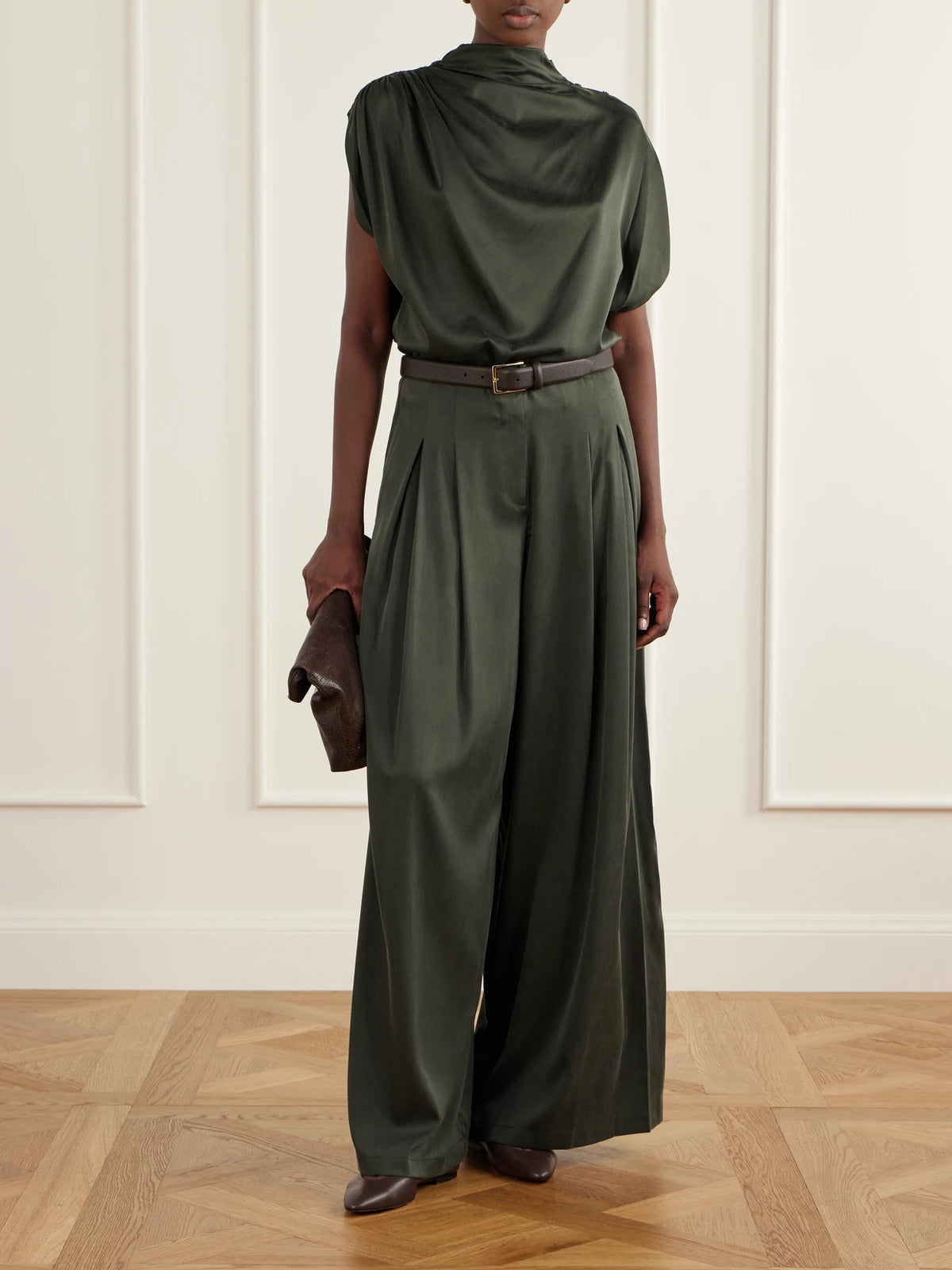 Image of Outfit Sets. Product name - Wish You Would Asymmetric Gathered Silk-blend Charmeuse Blouse in Green colour by brand - TWP