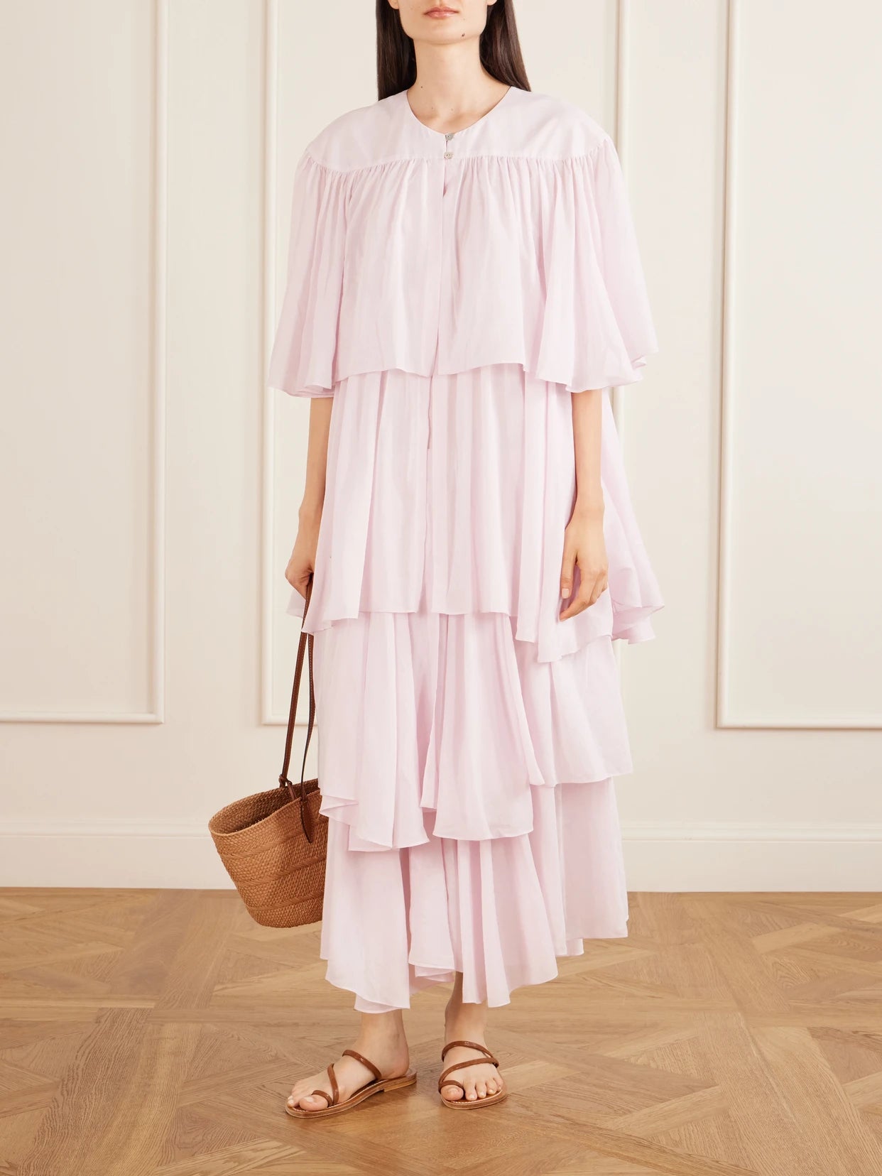Image of Dresses. Product name - Formentera Ruffled Cotton And Silk-blend Voile Kaftan in Pink colour by brand - Les Vacances D'Irina