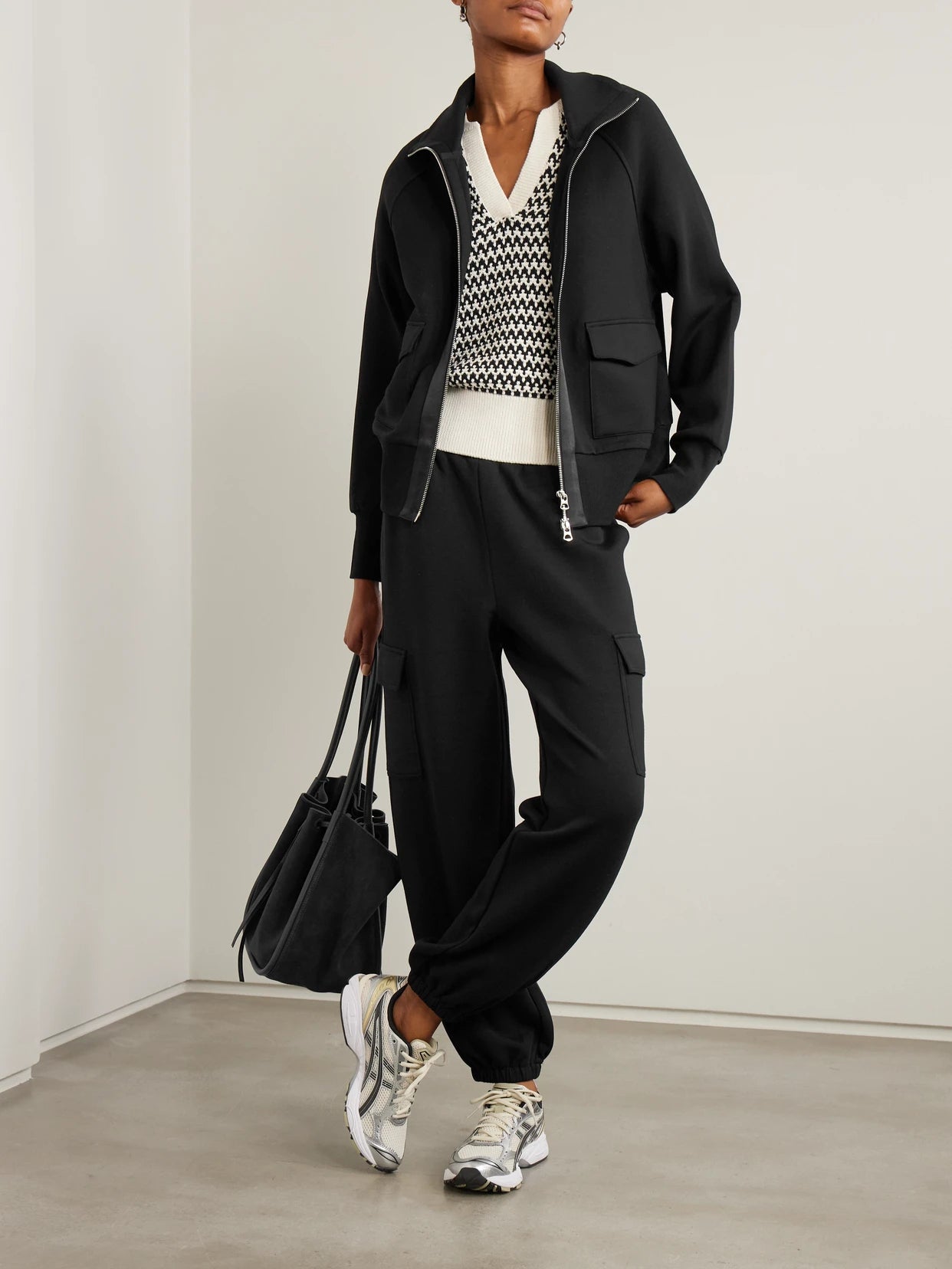 Image of Sleepwear & Loungewear. Product name - Roxbury Satin-trimmed Doublesoft Zip-up Sweatshirt in Black colour by brand - Varley