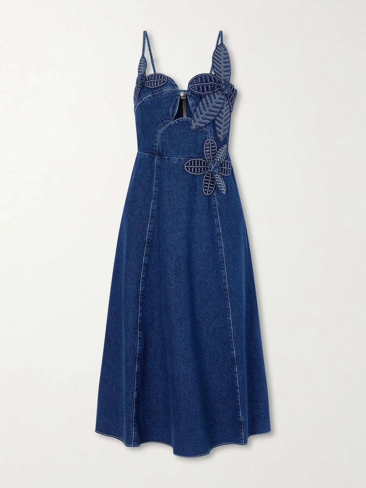 Image of Dresses. Product name - Floral-appliquéd Denim Midi Dress in Dark denim colour by brand - Farm Rio