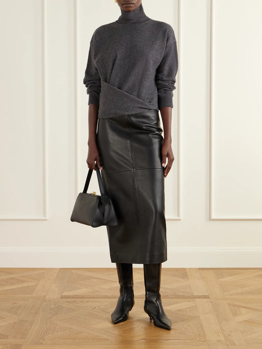 Image of a model wearing Outerwear. Product name - Asymmetric Wool And Cashmere-blend Turtleneck Sweater in Dark gray colour by brand - RÓHE