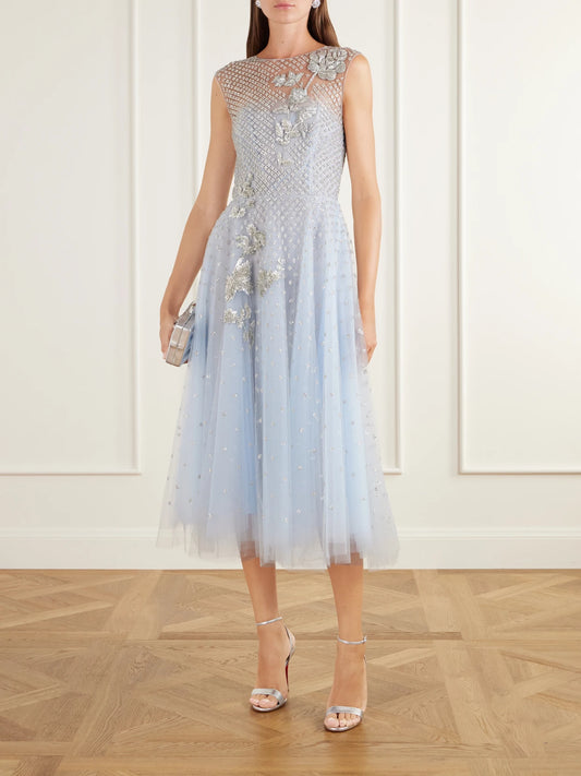 Image of Dresses. Product name - Layered Crystal-embellished Organza And Tulle Midi Dress in Blue colour by brand - Oscar de la Renta