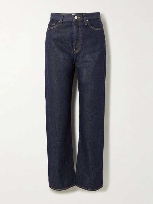 Image of Jeans. Product name - Twisted Seam High-rise Straight-leg Jeans in Navy colour by brand - TOTEME