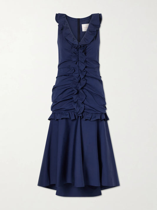 Ruched Ruffled Cotton-blend Midi Dress