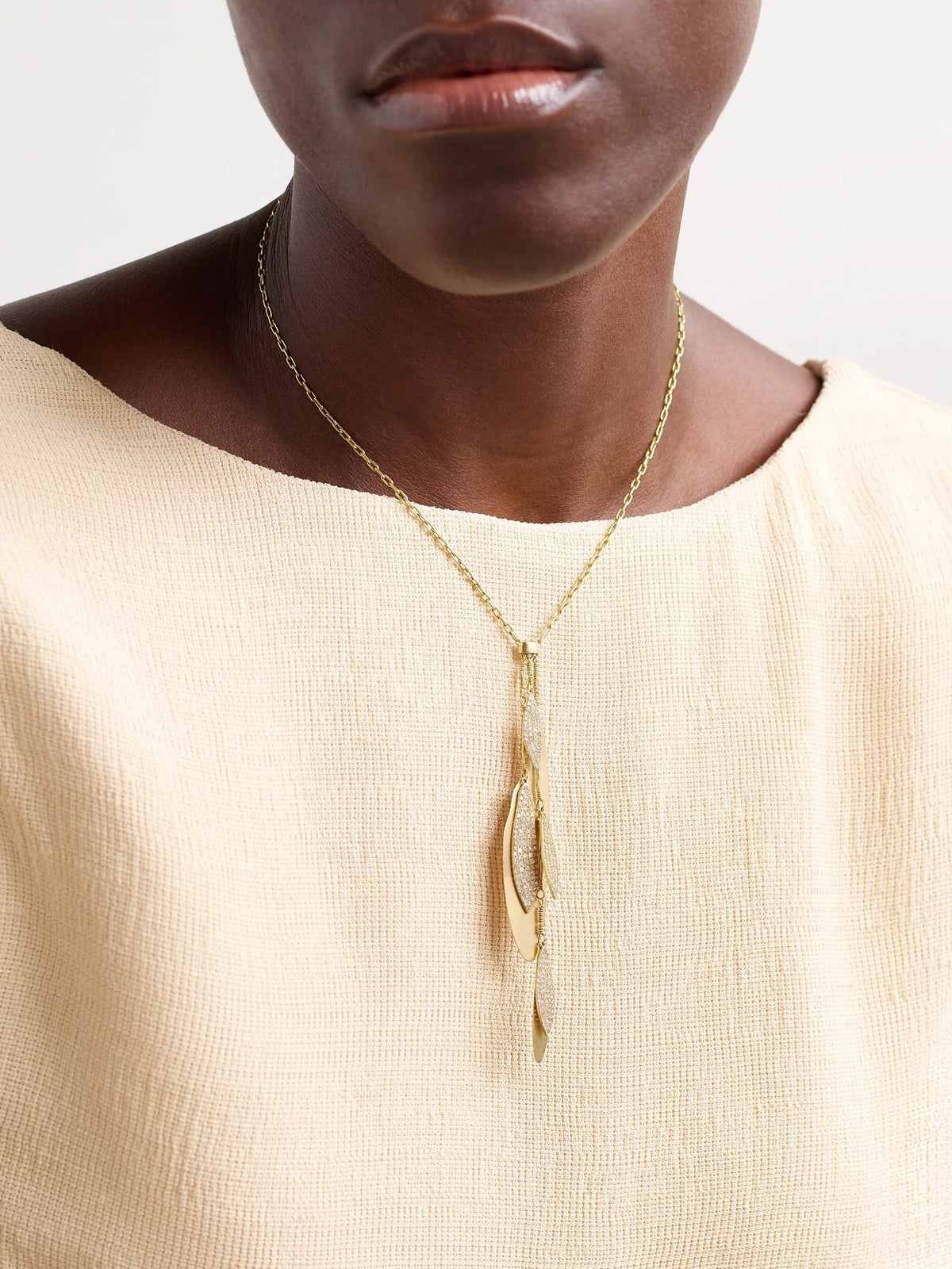 Image of Necklaces. Product name - Falling Leaves 18-karat Gold Diamond Necklace in Multi colour by brand - Ileana Makri