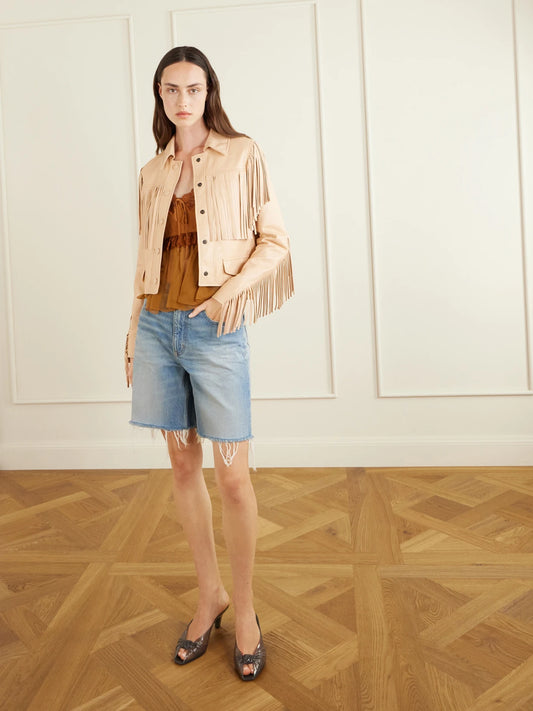 Image of Coats & Jackets. Product name - Fringed Leather Jacket in Blush colour by brand - Chloé