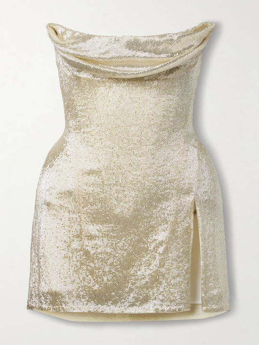 Image of Dresses. Product name - Ivy Draped Strapless Beaded Tulle Mini Dress in Silver colour by brand - Wiederhoeft
