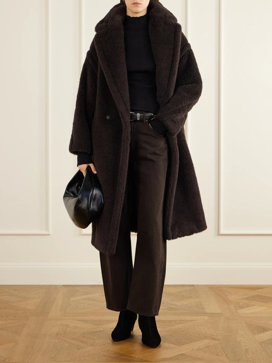 Image of Coats & Jackets. Product name - Tedgirl Alpaca, Wool And Silk-blend Coat in Dark brown colour by brand - Max Mara