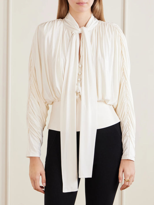 Self-Portrait Tie-detailed Gathered Stretch-jersey Blouse