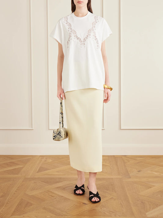 Image of a model wearing Tops. Product name - Lace-trimmed Cotton-jersey T-shirt in White colour by brand - Stella McCartney