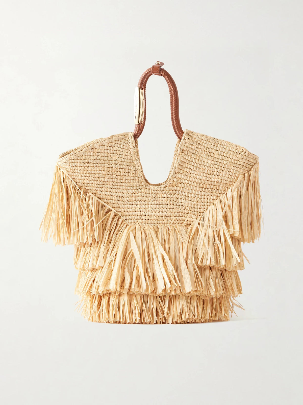 Goldentime Small Leather-trimmed Fringed Raffia Tote