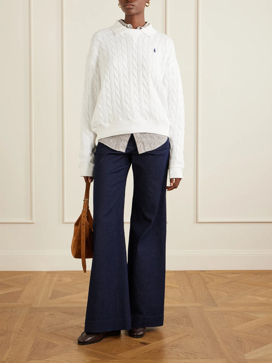 Image of a model wearing Outerwear. Product name - Cotton Cable-knit Sweater in White colour by brand - Polo Ralph Lauren