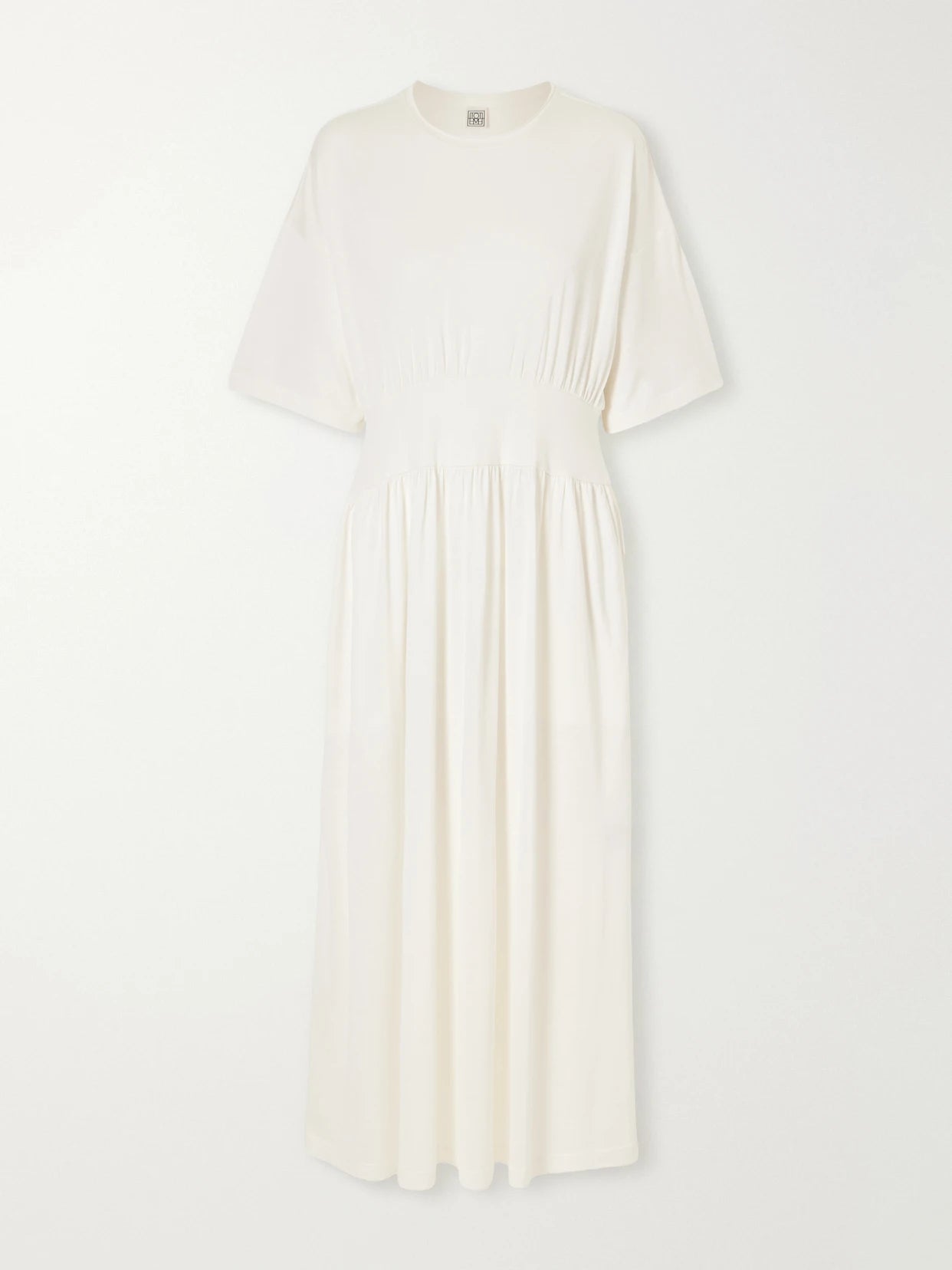 Image of Dresses. Product name - Gathered Organic Cotton And Silk-blend Midi Dress in Off-white colour by brand - TOTEME