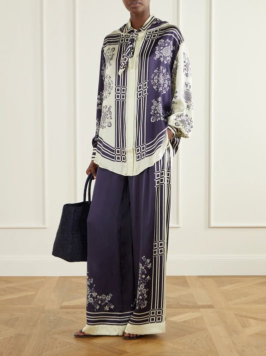 Image of Outfit Sets. Product name - Bandera Printed Silk-satin Wide-leg Pants in Navy colour by brand - ALÉMAIS