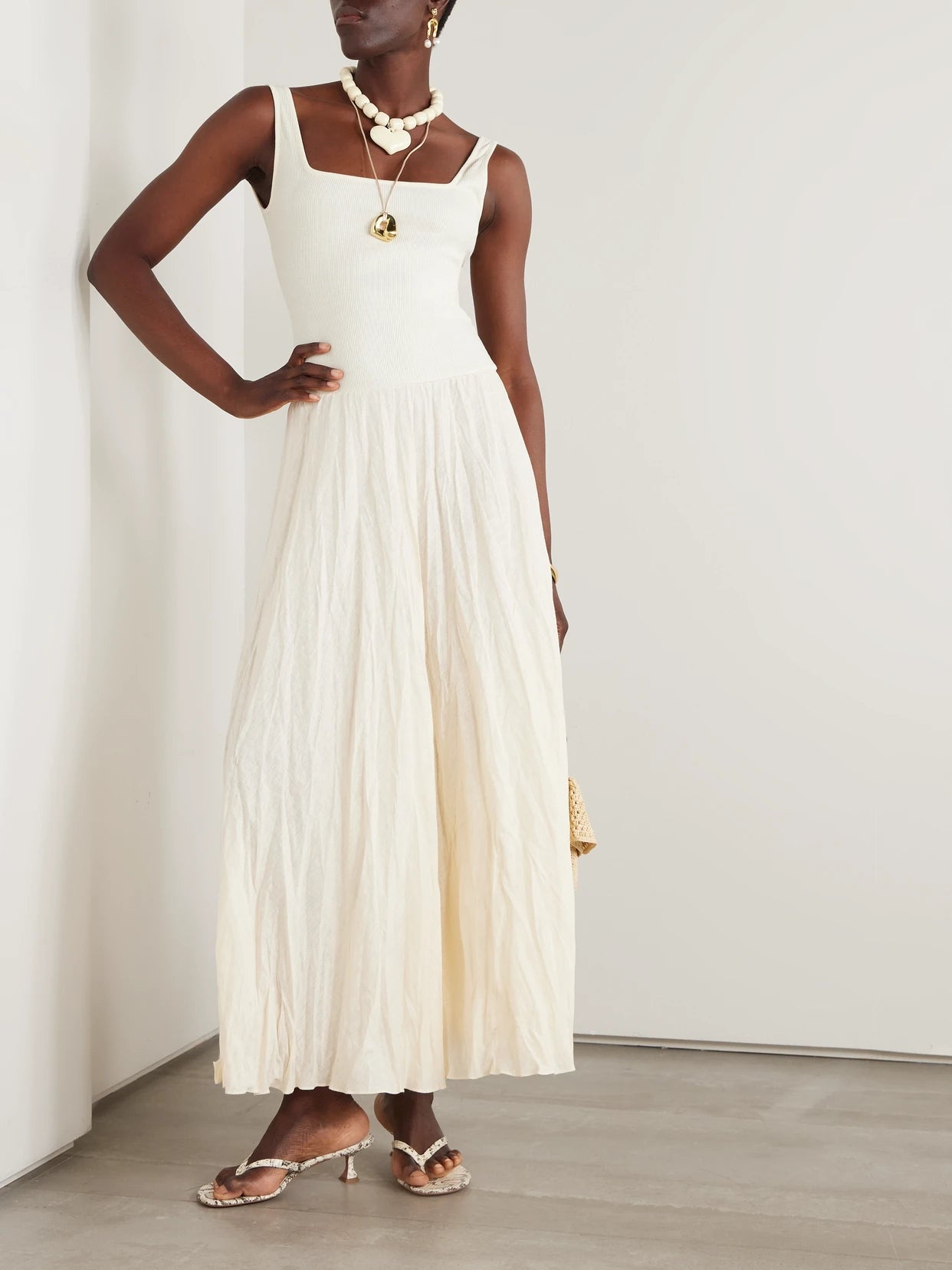 Image of Dresses. Product name - Mariner Ribbed Knit-trimmed Organic Linen-blend Poplin Maxi Dress in Ecru colour by brand - Johanna Ortiz