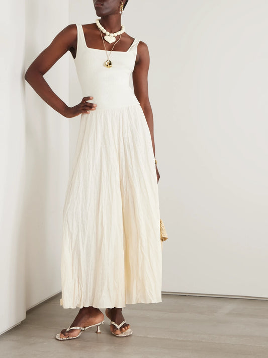 Image of Dresses. Product name - Mariner Ribbed Knit-trimmed Organic Linen-blend Poplin Maxi Dress in Ecru colour by brand - Johanna Ortiz