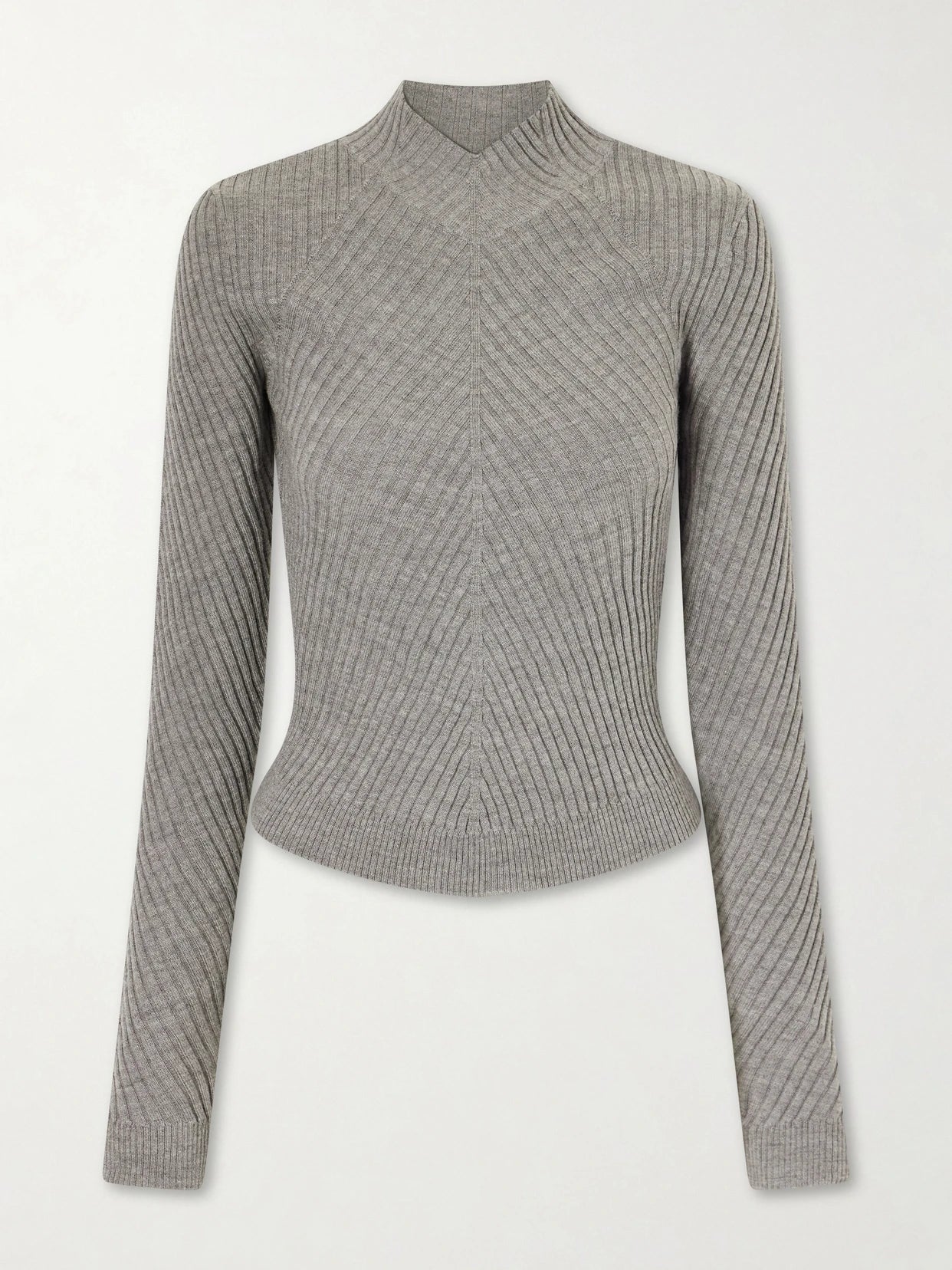 Image of a model wearing Outerwear. Product name - Georgia Ribbed Merino Wool Sweater in Gray colour by brand - Victoria Beckham