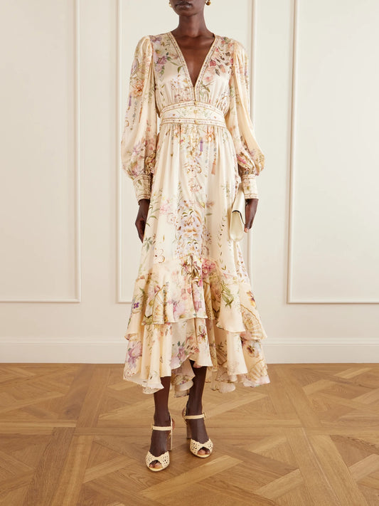 Image of Dresses. Product name - Crystal-embellished Tiered Floral-print Silk-chiffon Midi Dress in Cream colour by brand - Camilla