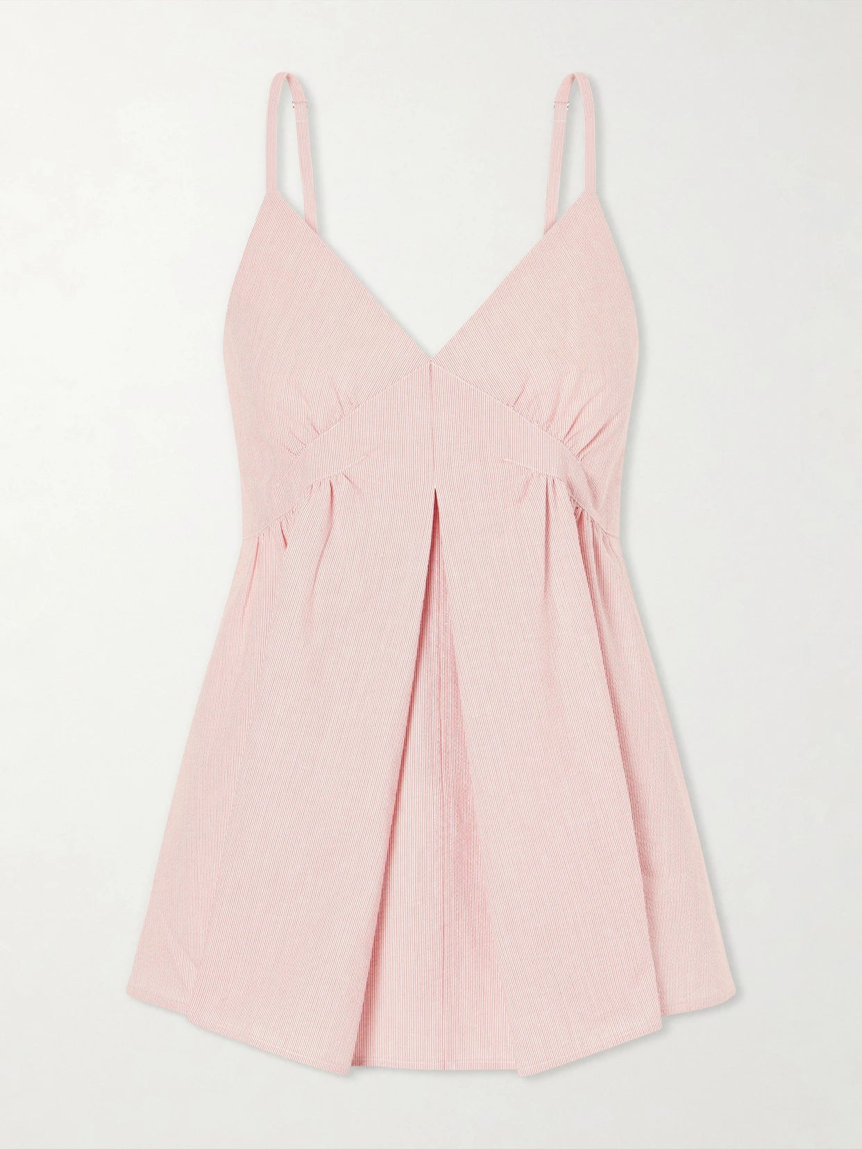 Image of a model wearing Tops. Product name - Barker Gathered Striped Cotton-blend Seersucker Top in Pastel pink colour by brand - Proenza Schouler White Label