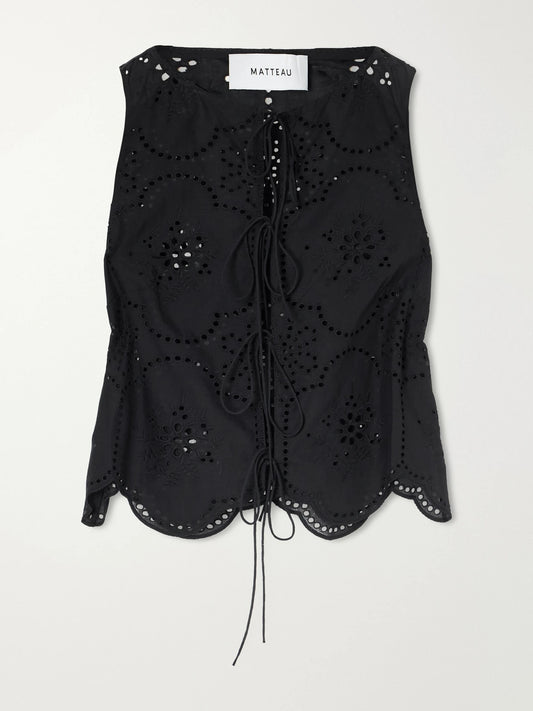 Image of a model wearing Tops. Product name - Scalloped Broderie Anglaise Cotton Top in Black colour by brand - Matteau