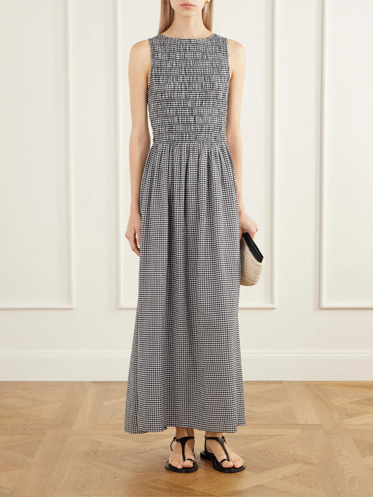 Image of Dresses. Product name - Carina Shirred Gingham Stretch-cotton Poplin Maxi Dress in Black colour by brand - Faithfull