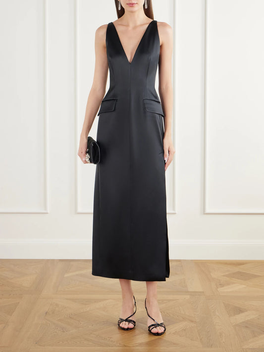 Image of Dresses. Product name - Extra Darted Stretch-satin Midi Dress in Black colour by brand - Sportmax