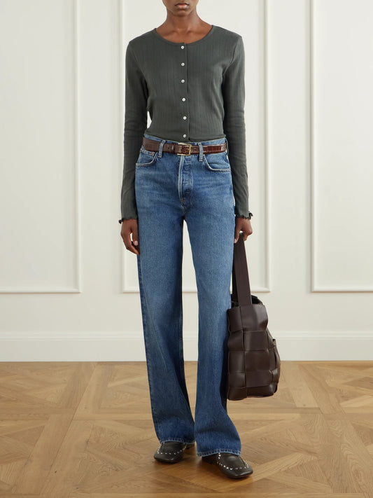 Image of a model wearing Outerwear. Product name - Edie Organic Cotton Cardigan in Gray colour by brand - SKALL