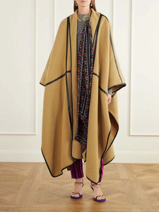 Image of Coats & Jackets. Product name - Paneled Leather-trimmed Wool-blend Flannel Cape in Camel colour by brand - Chloé