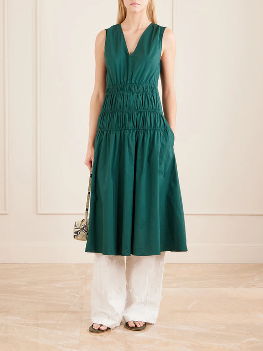 Image of Dresses. Product name - Loren Shirred Cotton-blend Poplin Midi Dress in Green colour by brand - Proenza Schouler White Label