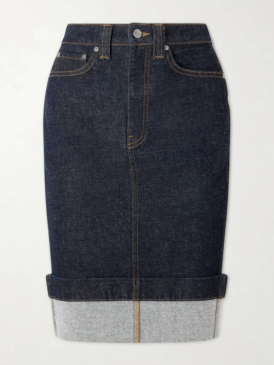Image of Jeans. Product name - Kendra Denim Skirt in Dark denim colour by brand - KHAITE
