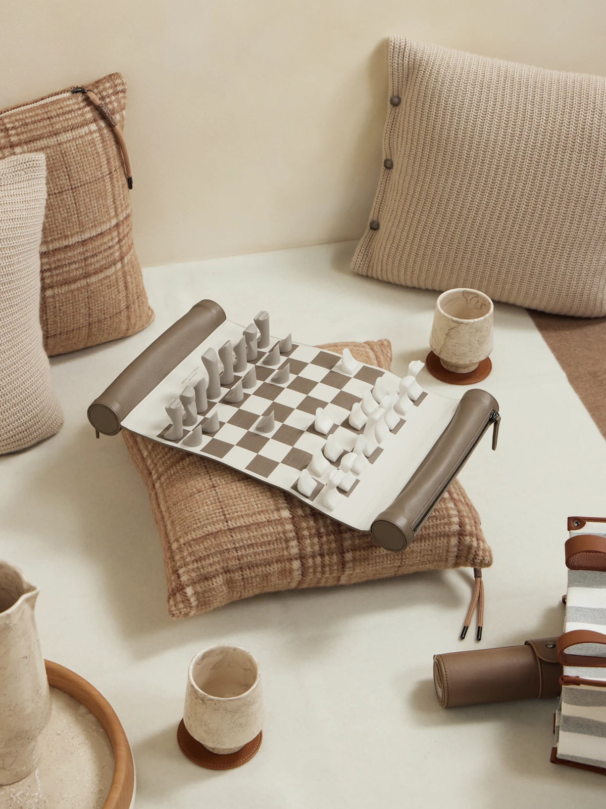 Image of Decor. Product name - Leather And Krion Portable Chess Set in Multi colour by brand - Brunello Cucinelli