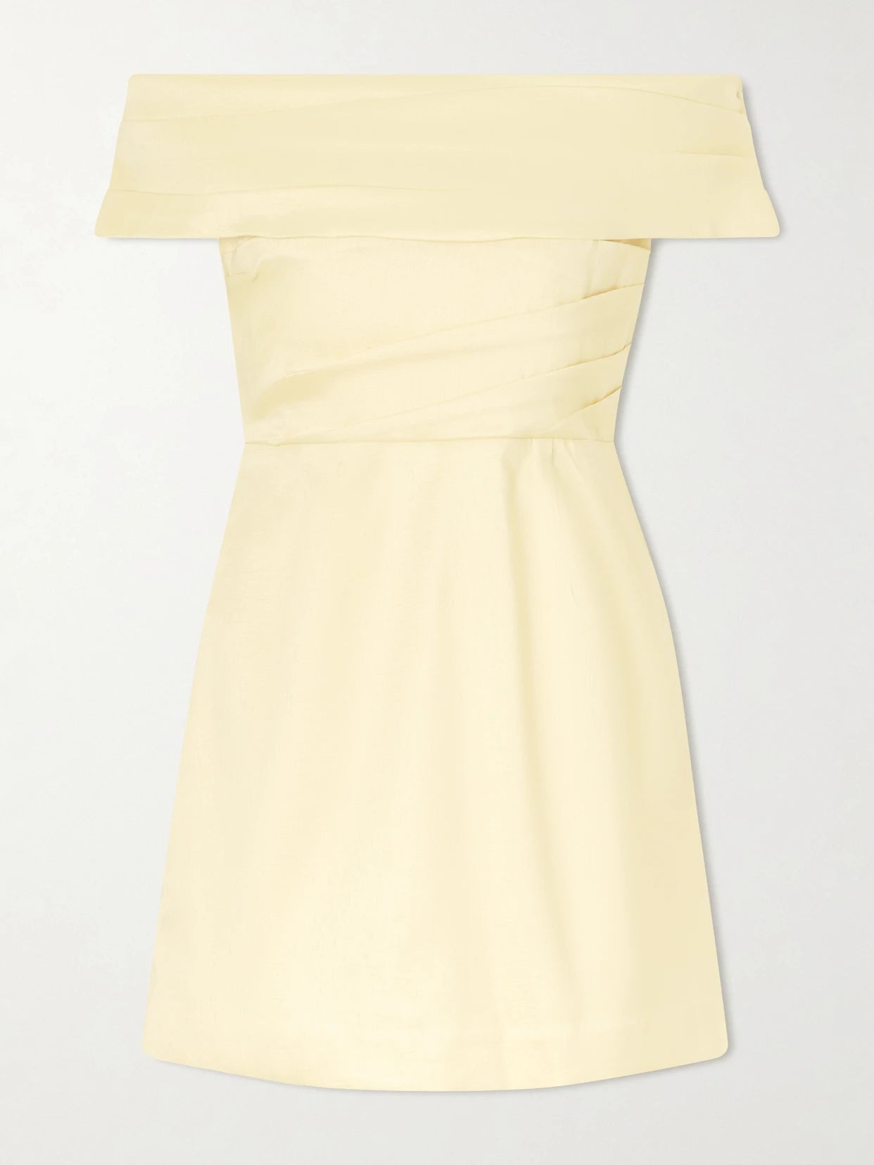 Image of Dresses. Product name - Mandy Off-the-shoulder Pleated Mini Dress in Yellow colour by brand - Rebecca Vallance
