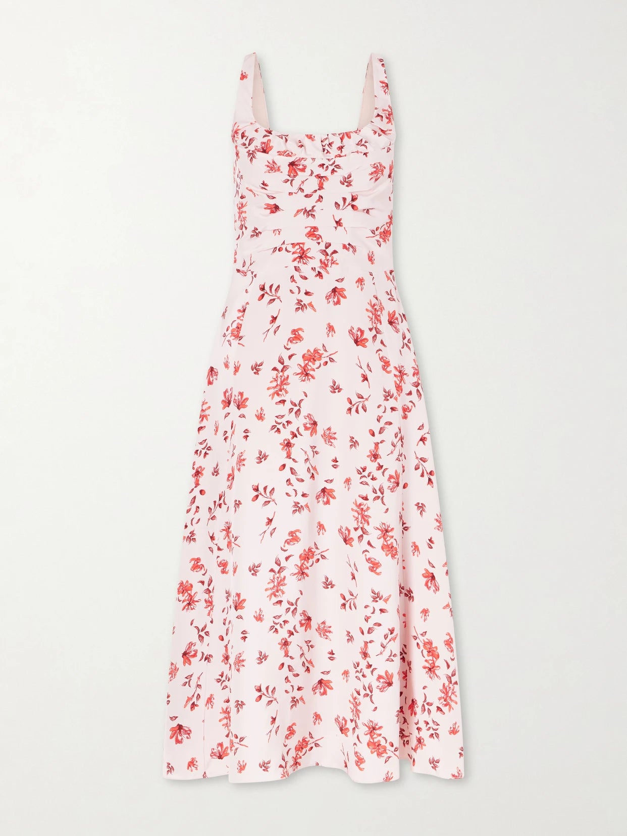 Image of Dresses. Product name - Verena Ruched Floral-print Silk Midi Dress in Baby pink colour by brand - Emilia Wickstead