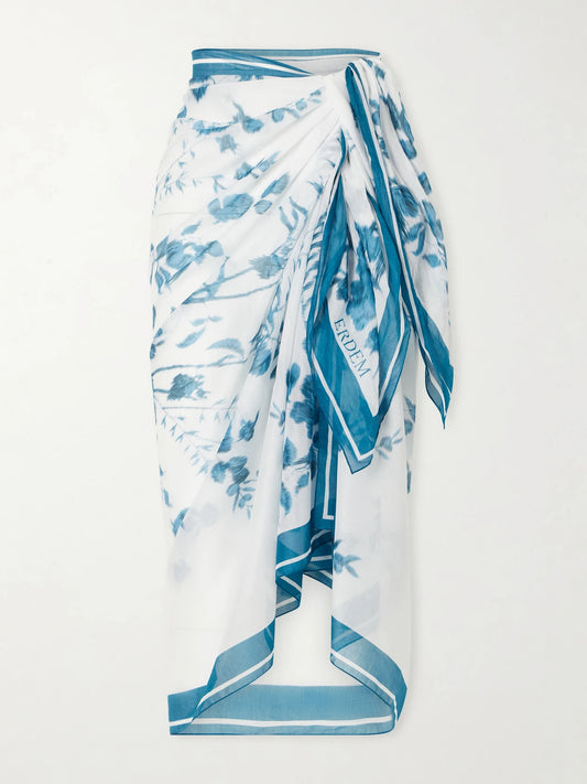 Image of Swimwear. Product name - Floral-print Cotton-voile Pareo in Blue colour by brand - Erdem