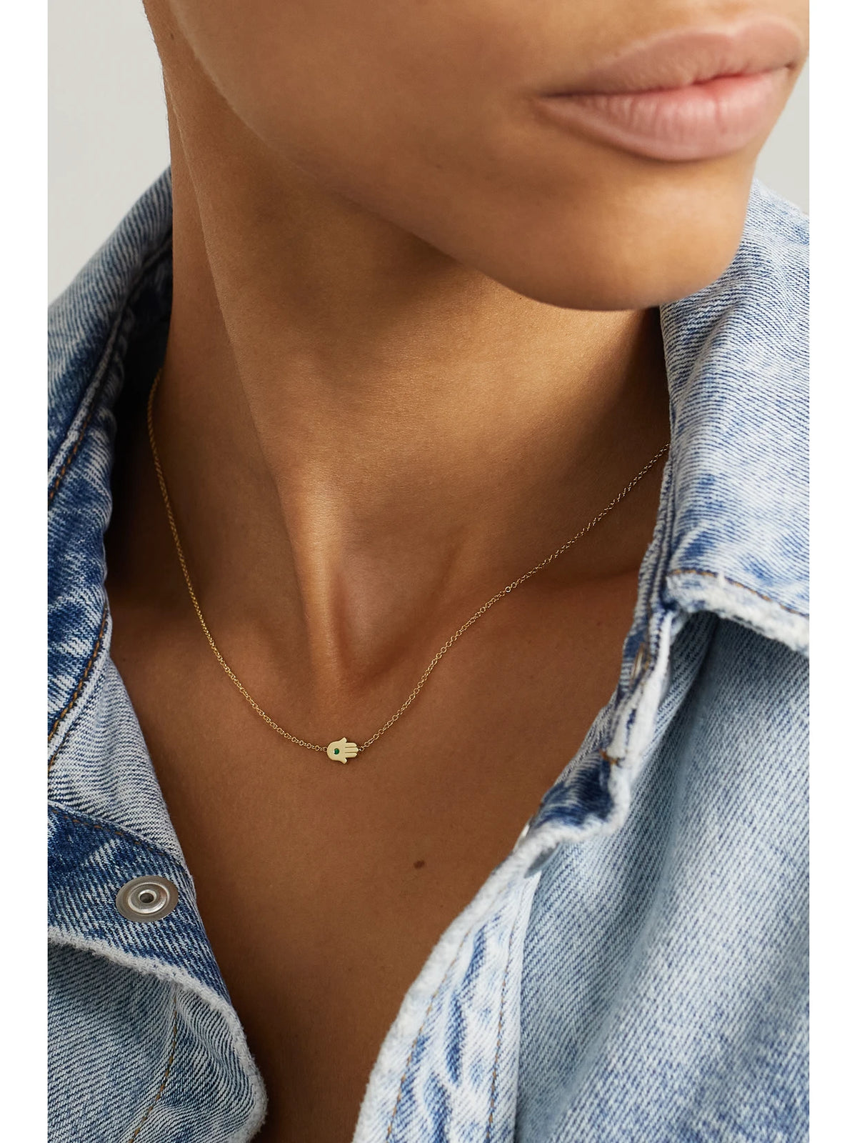Image of Necklaces. Product name - Mini Hamsa 18-karat Gold Emerald Necklace in Multi colour by brand - Jennifer Meyer