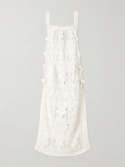 Image of Dresses. Product name - Fiocchini Lace-trimmed Broderie Anglaise Cotton-blend Maxi Dress in White colour by brand - Loretta Caponi