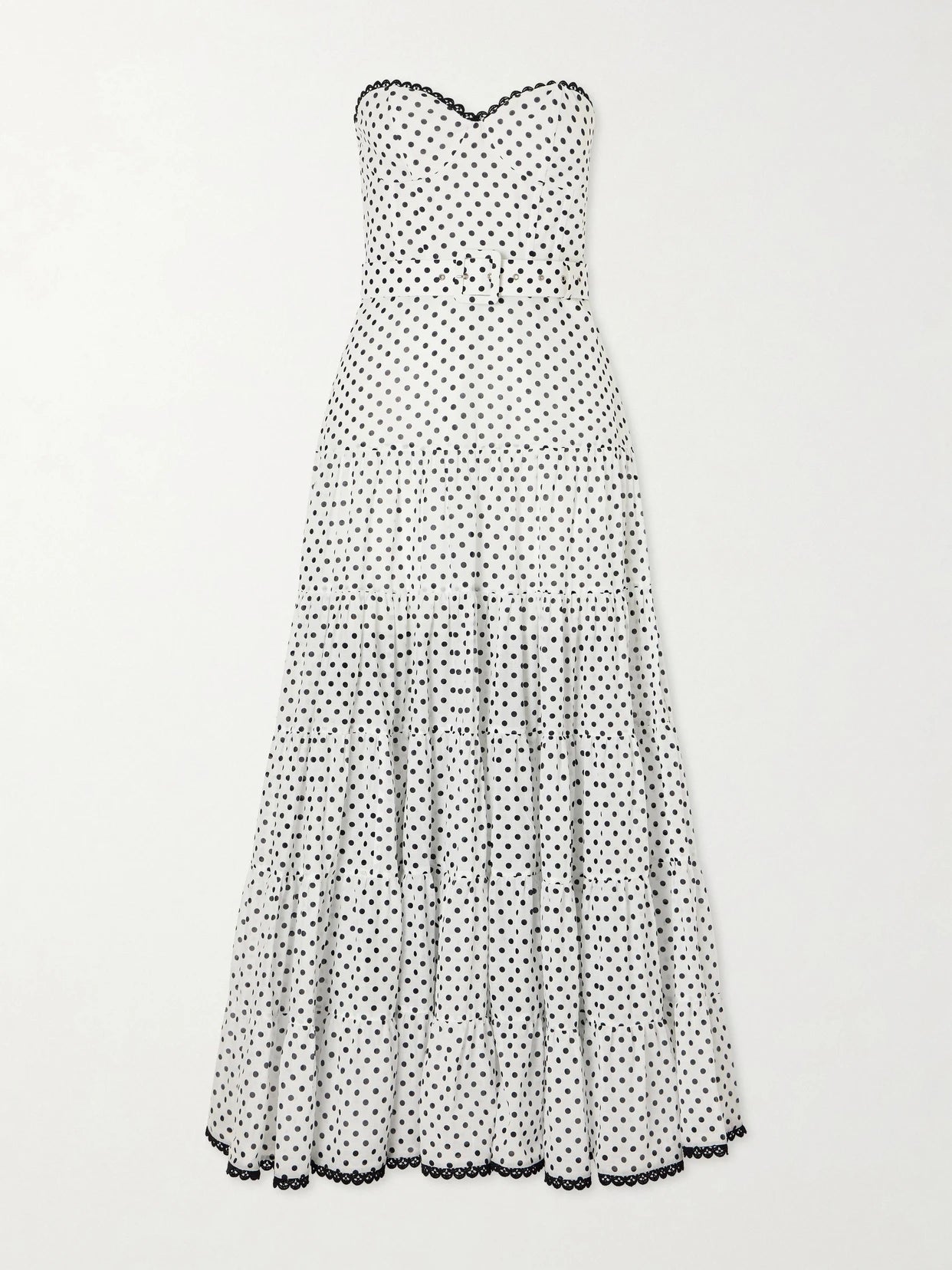 Image of Dresses. Product name - Jimena Belted Tiered Polka-dot Cotton-blend Voile Maxi Dress in White colour by brand - Charo Ruiz