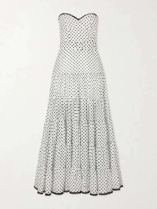 Image of Dresses. Product name - Jimena Belted Tiered Polka-dot Cotton-blend Voile Maxi Dress in White colour by brand - Charo Ruiz