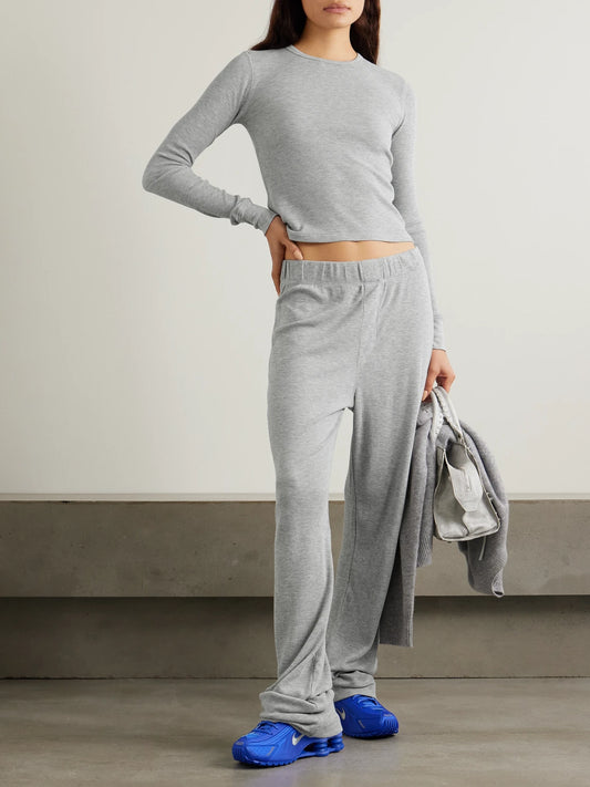 Image of T-Shirts. Product name - Waffle-knit Stretch Cotton And Modal-blend T-shirt in Gray colour by brand - ÉTERNE