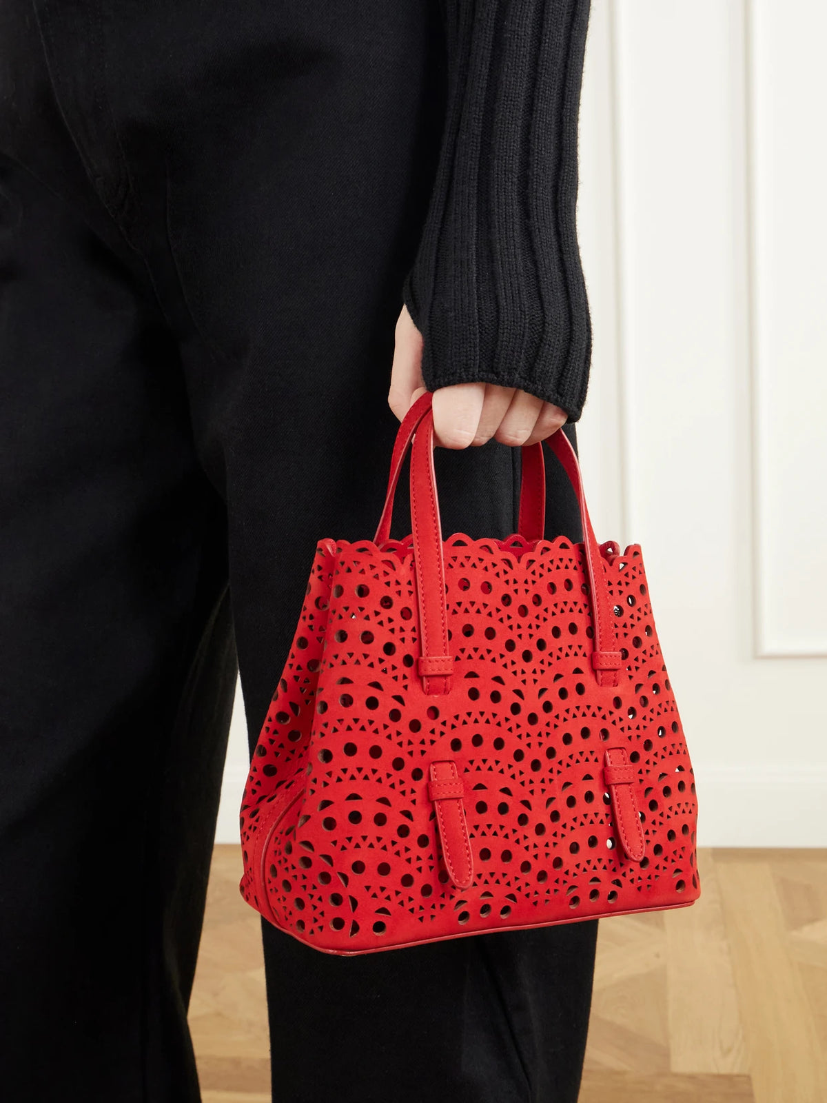 Image of Bags. Product name - Mina Laser-cut Nubuck Top-handle Bag in Red colour by brand - Alaïa