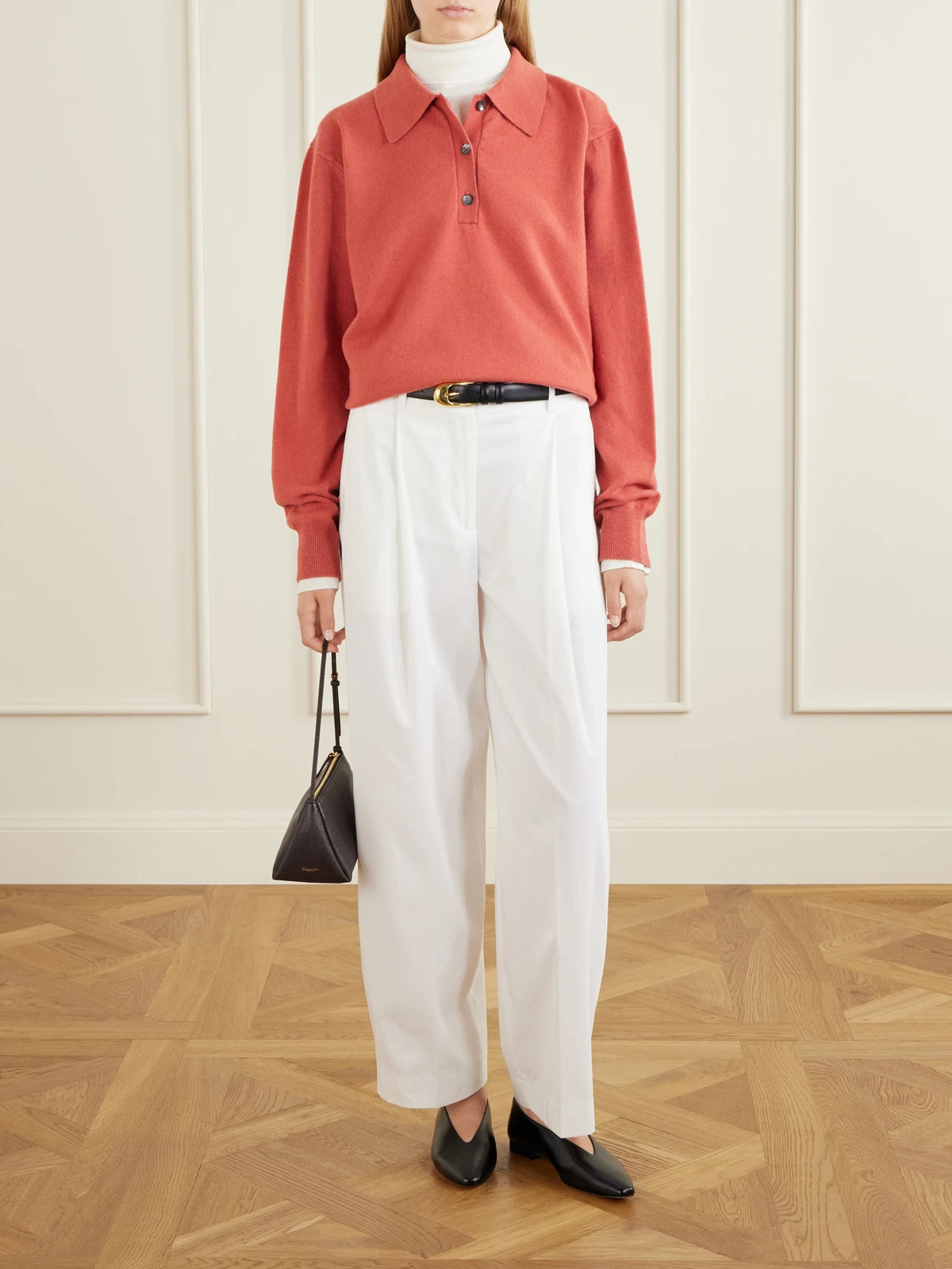 Image of a model wearing Outerwear. Product name - Stretch Wool And Cashmere-blend Polo Shirt in Red colour by brand - RÓHE